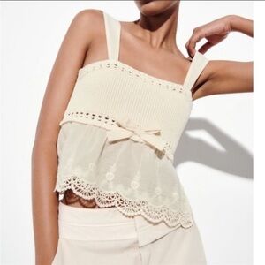 Zara women’s medium cream tank top with bow and knitted embroidered designs
